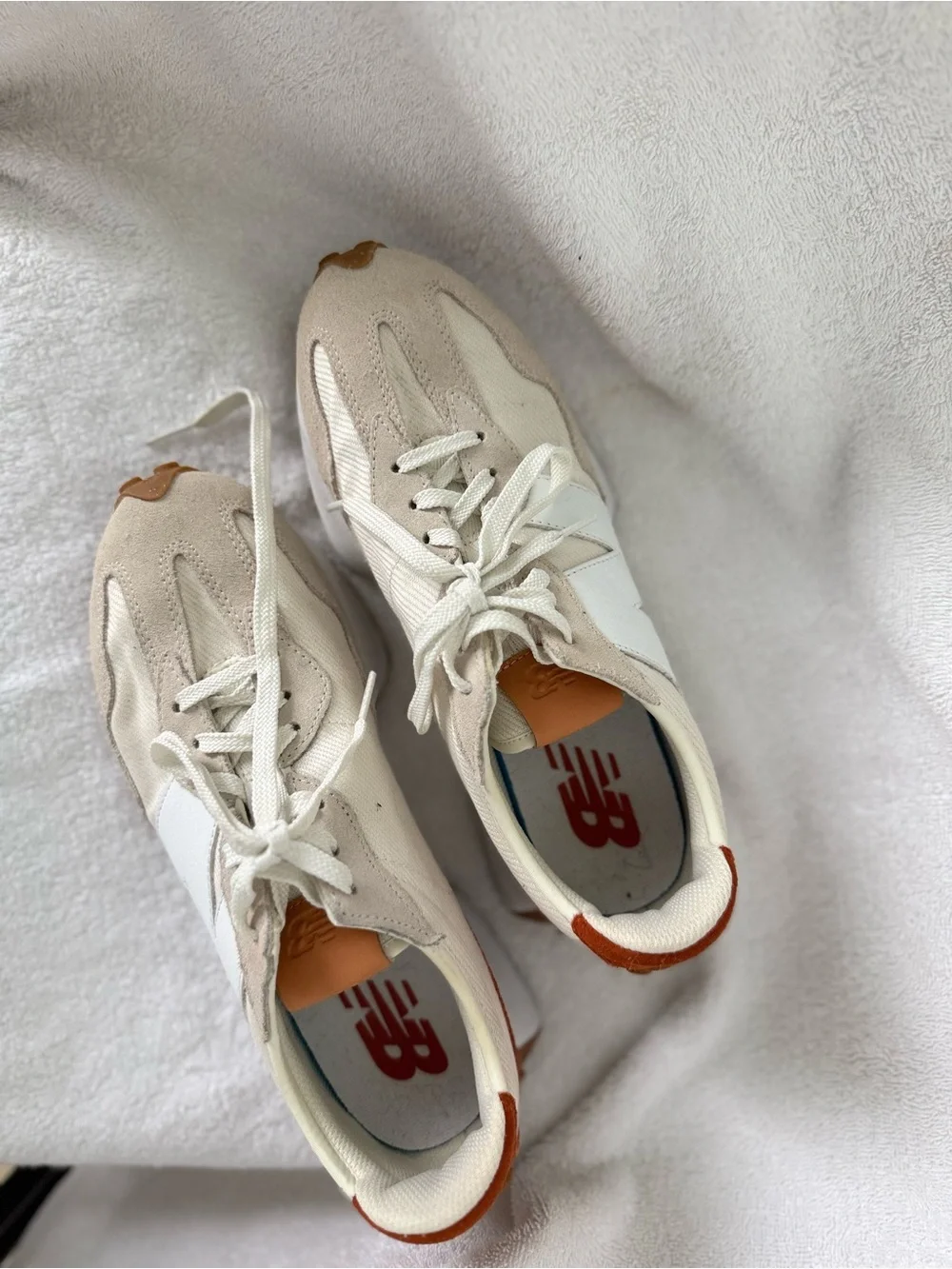 New Balance White & Beige Retro Runner with Orange Heel Tab